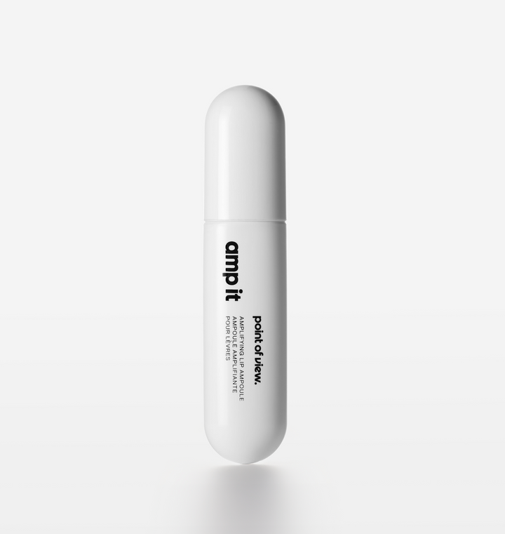 POV Beauty Amp It hydrating lip ampoule — primary product shot on a warm grey background