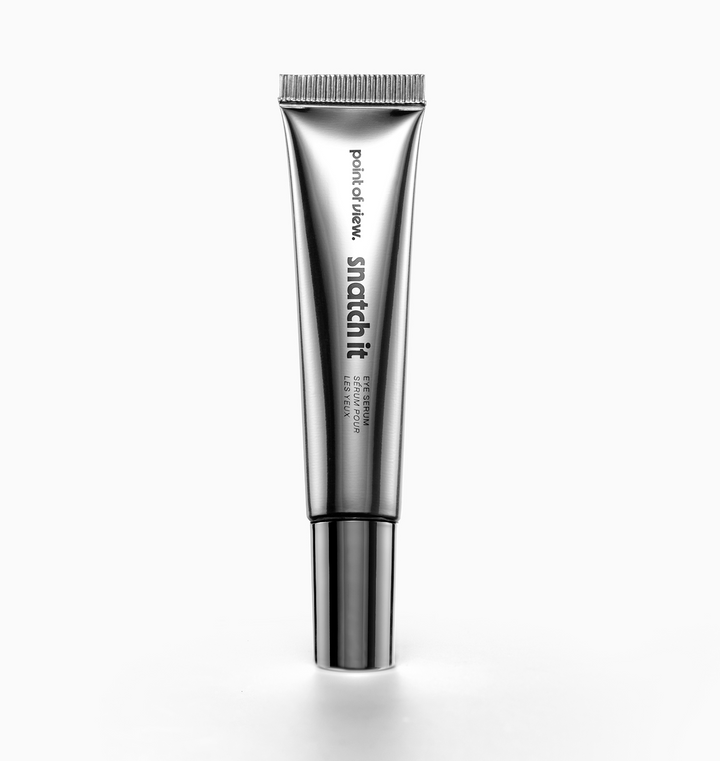 POV Beauty Snatch It PDRN pro-aging eye serum — primary product shot on a warm grey background
