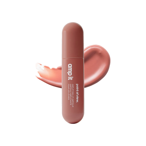 POV Beauty Amp It hydrating lip ampoule in Strawberry Shortcake — warm pinky nude shade, product shot on a warm grey background